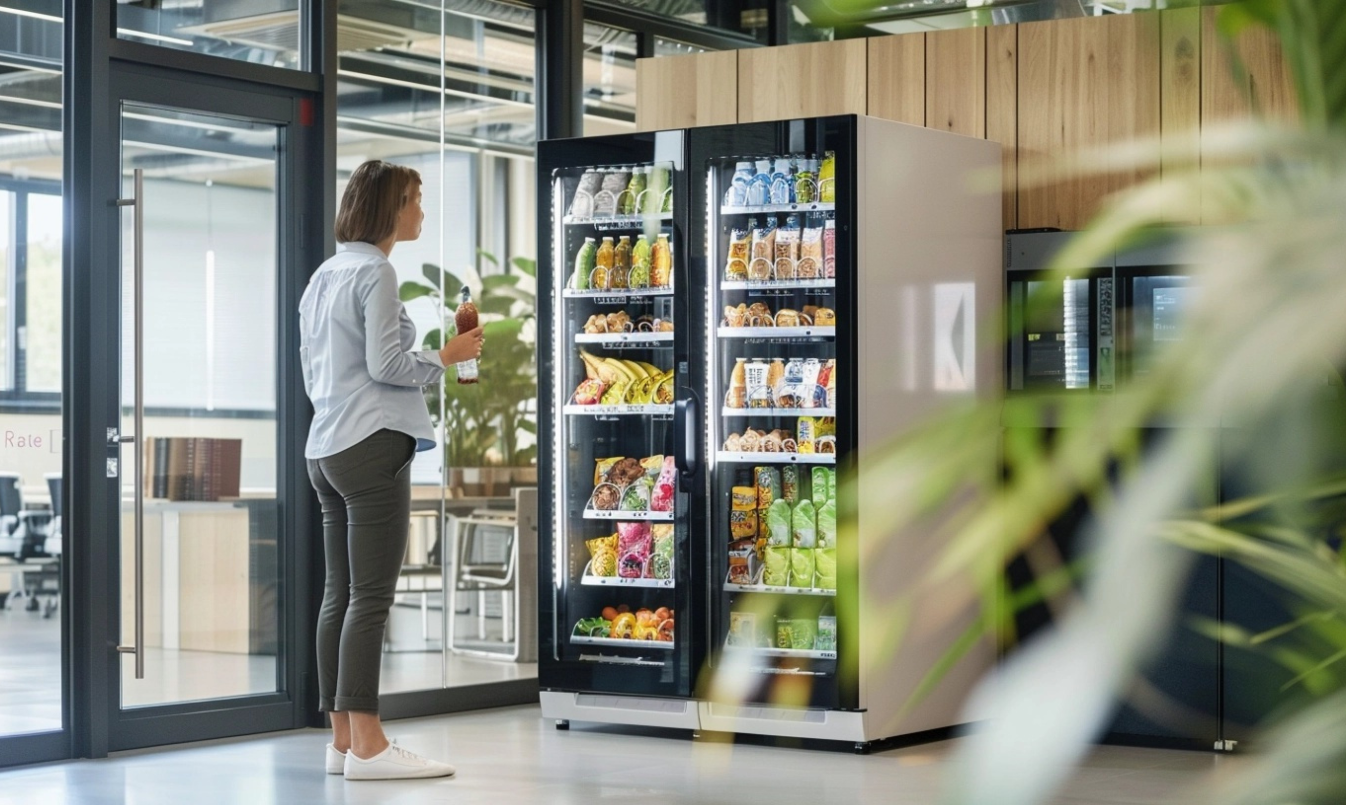 Eine Frau steht in einem modernen Büro vor einem beleuchteten Snackautomaten, der mit gesunden Snacks und Getränken gefüllt ist.