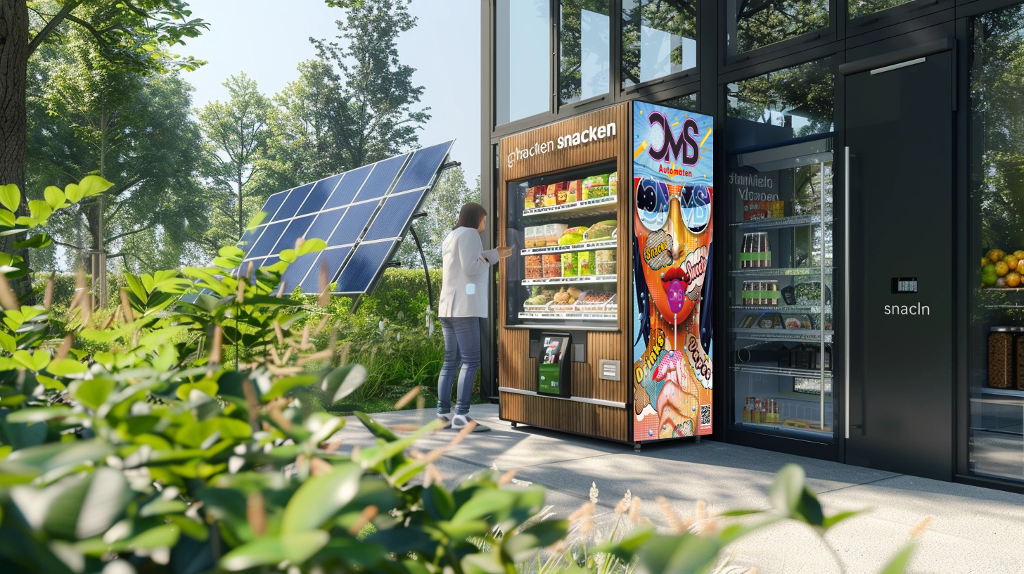Frau steht vor einem nachhaltigen Snackautomaten mit Solarpanel in grüner Umgebung in Osnabrück